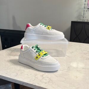 Rebecca Minkoff White Sneakers with Pink and Yellow-Green Details